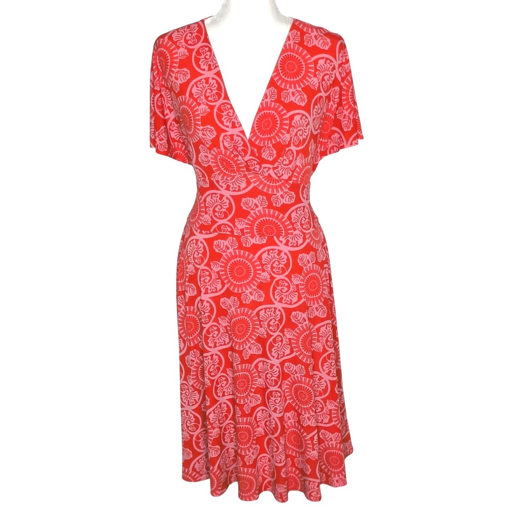 Retro Donna Morgan Dress Womens 14 Red Pink Floral Medallion Short Sleeve Midi